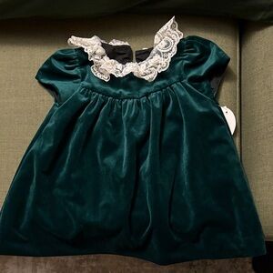 Luli & Me Green Velvet Dress with Lace Collar